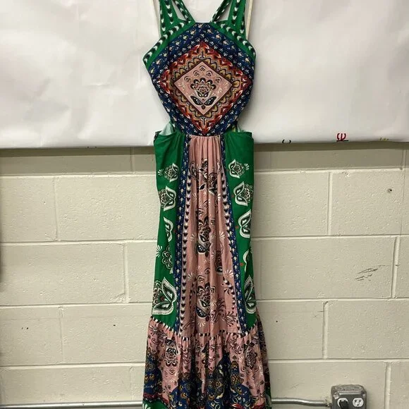 Anthropologie x Farm Rio Cutout Halter Maxi Dress Printed Pink Combo Small New - Picture 2 of 8